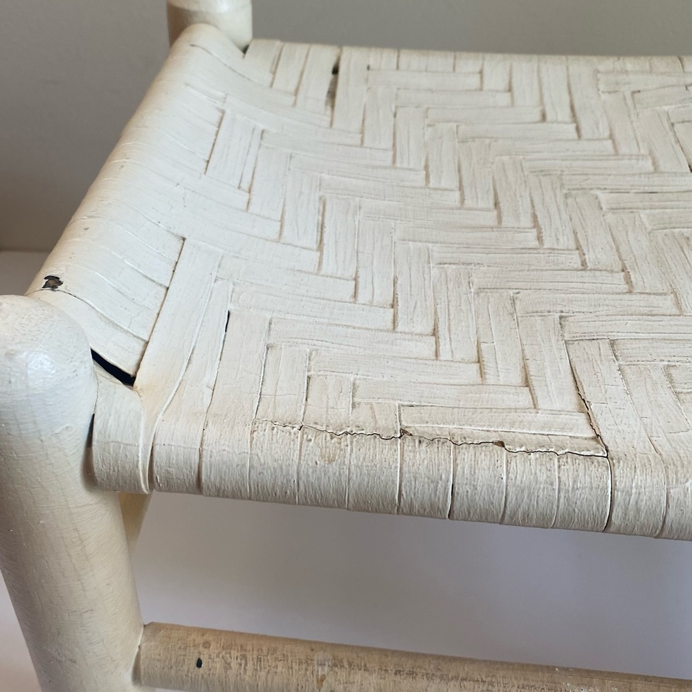 {SOLD} Vintage woven rattan + wood foot stool, painted white - Picture 7 of 7